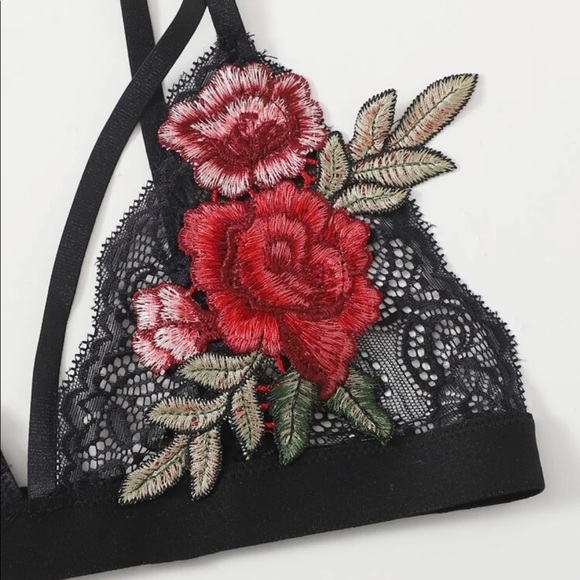 Sexy Strappy Lace Bra w/ Floral Rose Embroidery - Picture 6 of 6